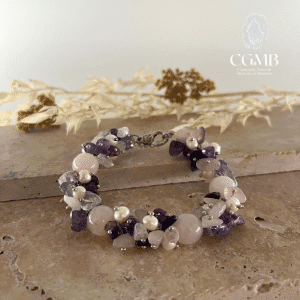 Bracelet en Quartz Rose, Fluorine et perles d'eau douce